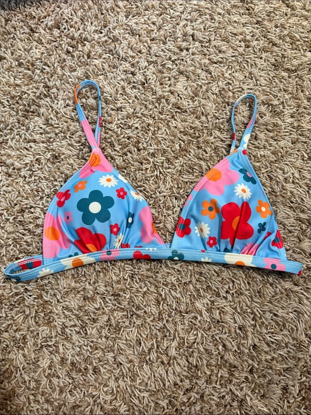 SHEIN Blue Floral Triangle Bikini Top with Pink & Red Accents